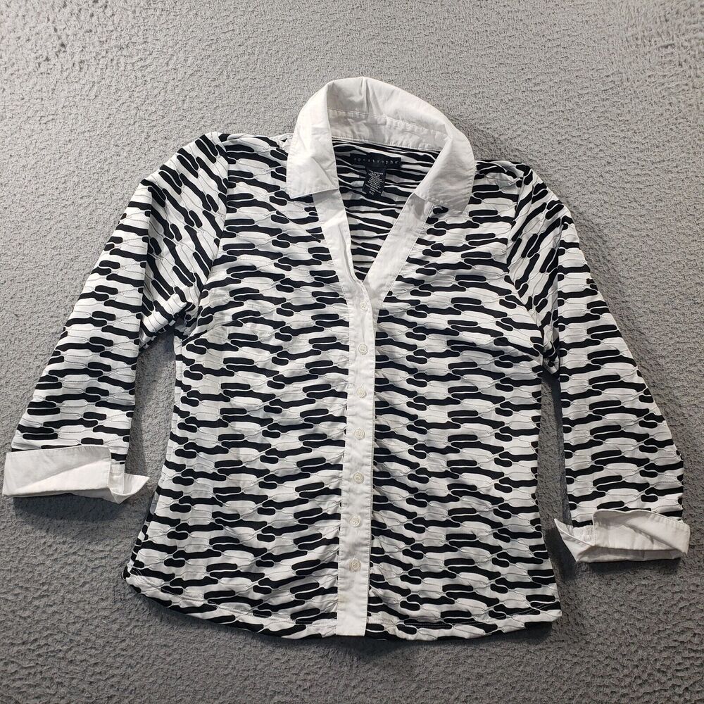 Apostrophe Shirt Womens Small Black White Button Up Blouse Geometric Long Sleeve